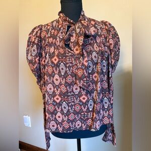 Ulla Johnson Silk Ikat Print Tie Neck Blouse Size 0 Puff Sleeve Boho